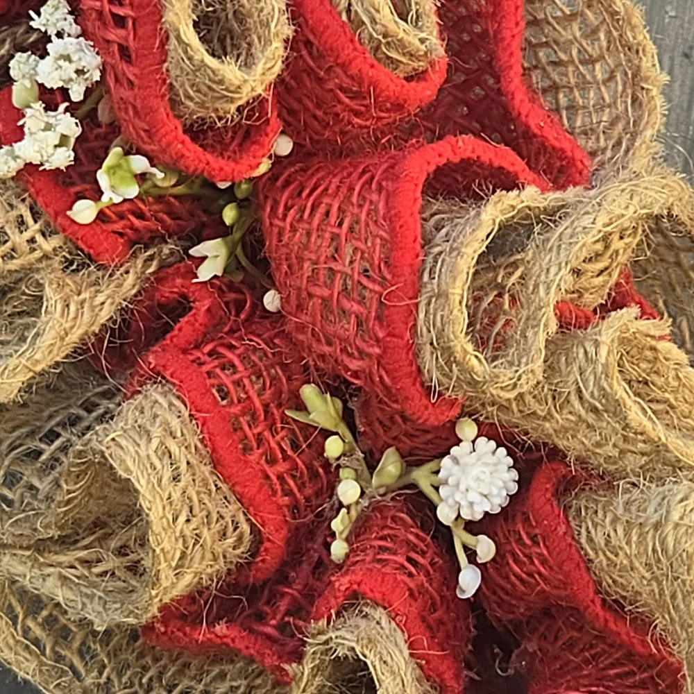 Handmade Rustic Heart-Shaped Burlap and Red Wreath Valentine's Day Wall Hanger